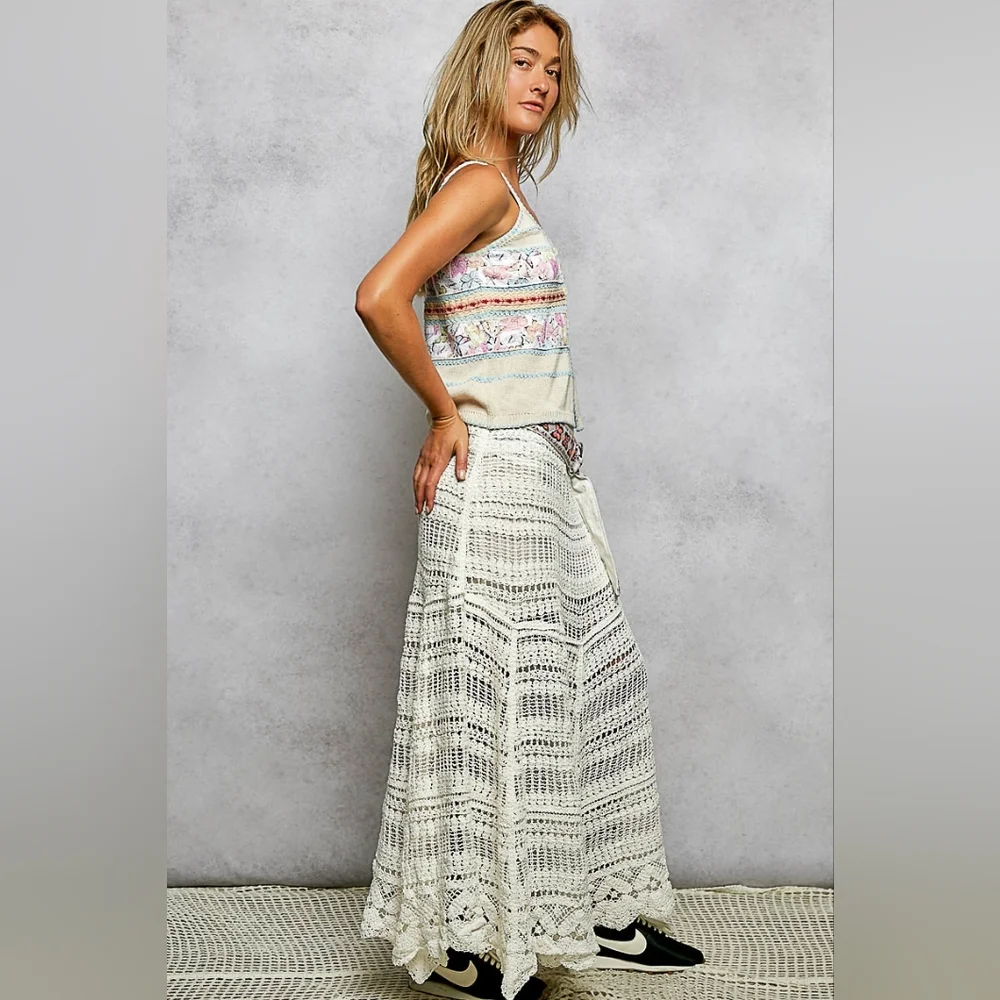 POL Openwork Boho Crochet Knit Scallop Maxi Skirt Butterfly Embroidered Belt - Picture 6 of 16